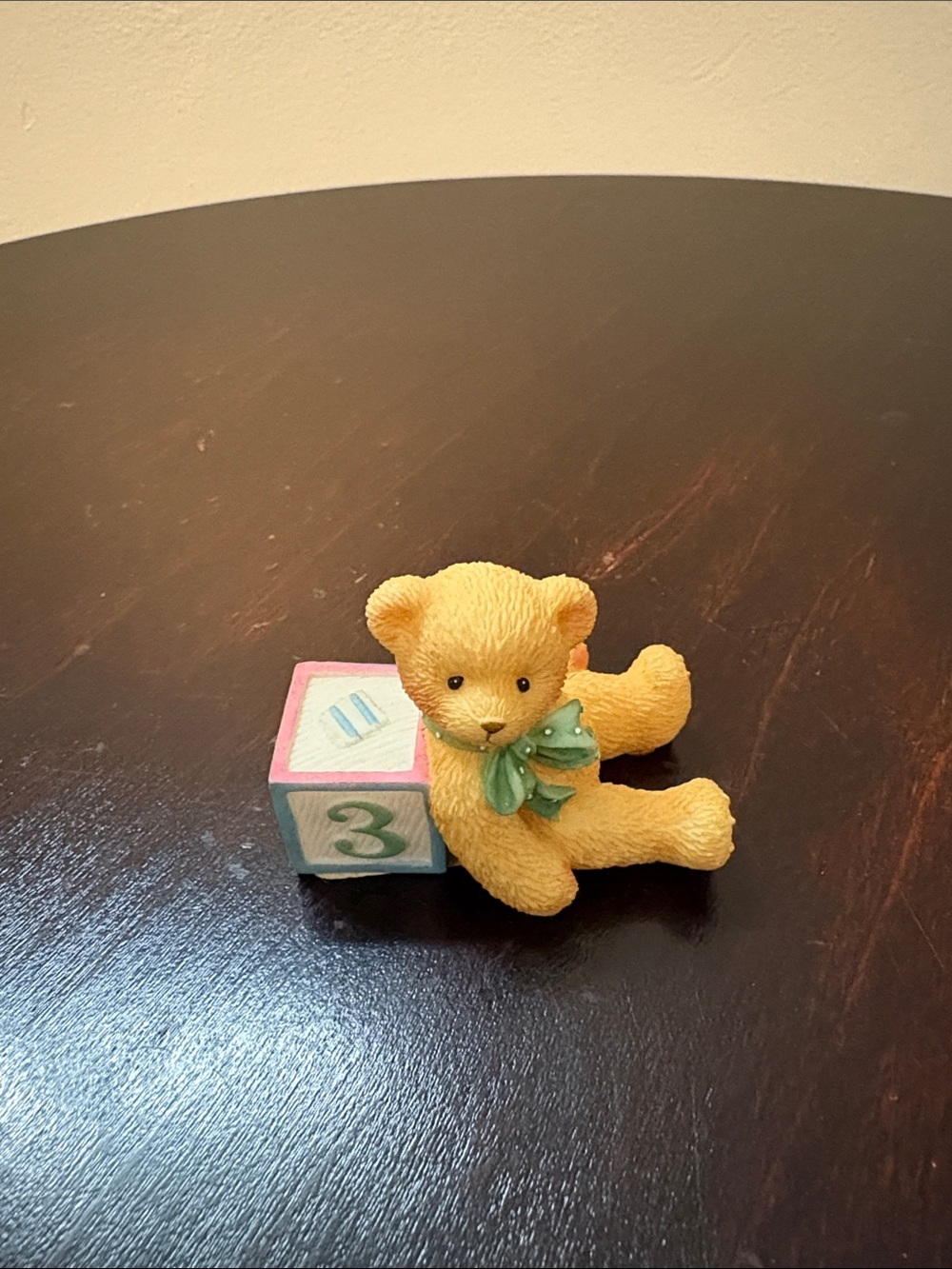 Cherished Teddies Yellow Bear with Green Bow and Pastel Number Three Block